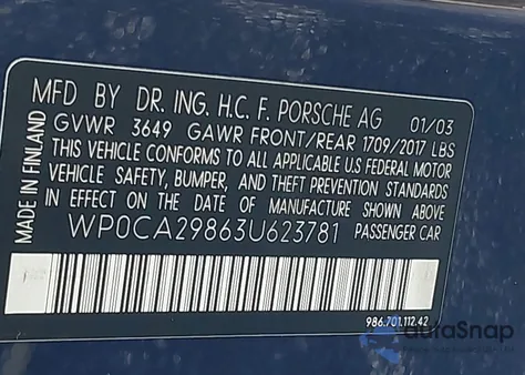 2003 Porsche Boxster из США, поврежденный, VIN WP0CA29863U623781
